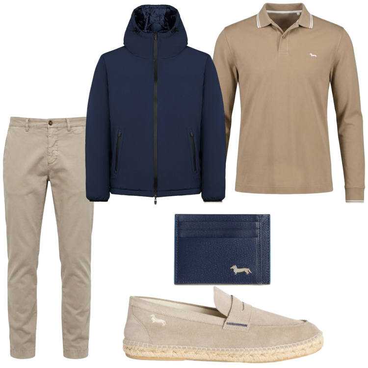 Outfit uomo - Equilibri perfetti. Stile Casual per Tutti i giorni. Abbinamento con pantaloni chino, portafogli, polo, espadrillas, giacche.