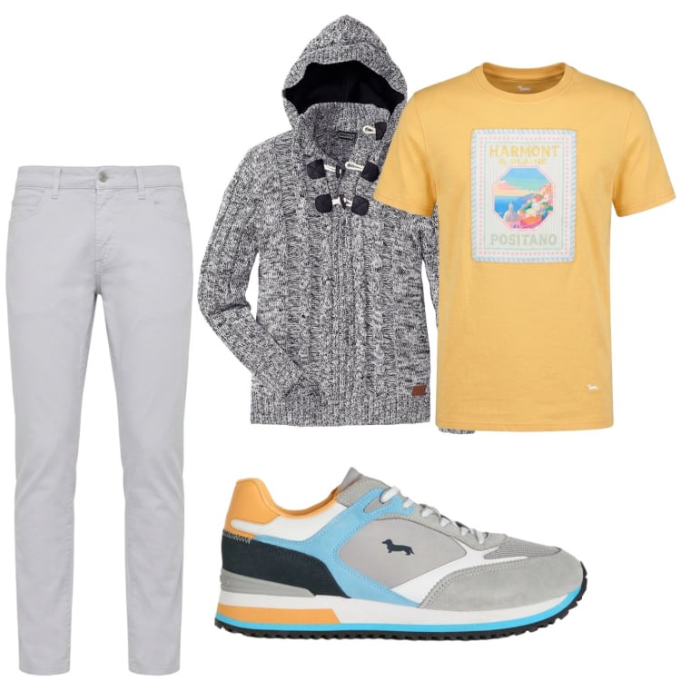 Outfit uomo - Relax in montagna. Stile Urban per Tutti i giorni. Abbinamento con maglieria, sneakers, pantaloni, t-shirt.