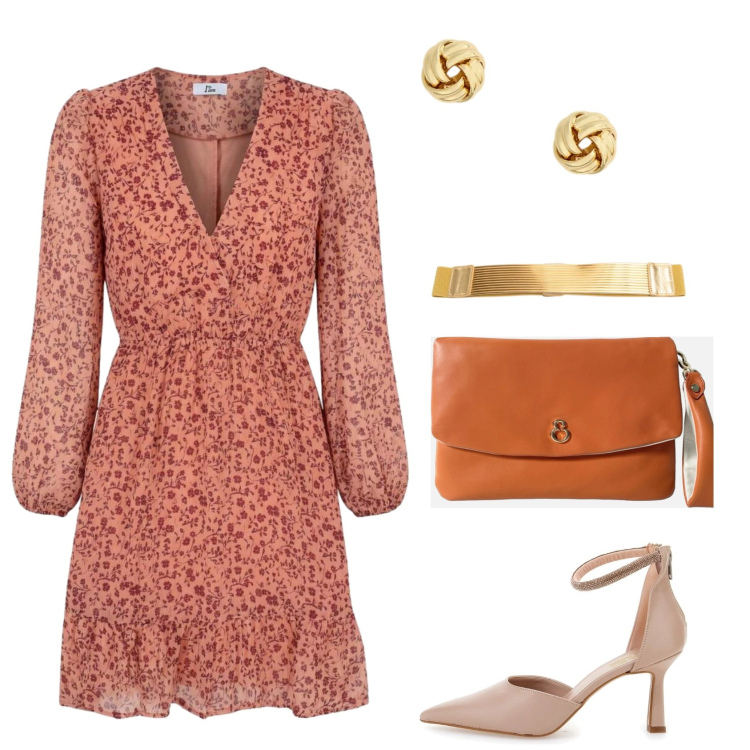 Outfit donna - Sunset. Stile Chic per Serata fuori. Abbinamento con vestiti corti, pochette, orecchini, cinture, décolleté.