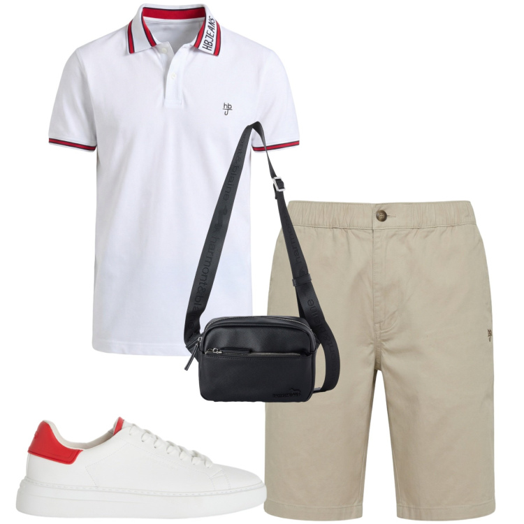 Outfit uomo - Luglio. Stile Casual per Tutti i giorni. Abbinamento con sneakers, polo, bermuda, borse sportive.