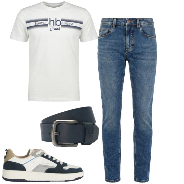 Outfit uomo - Luglio. Stile Casual per Tutti i giorni. Abbinamento con jeans slim fit, t-shirt, sneakers, cinture.