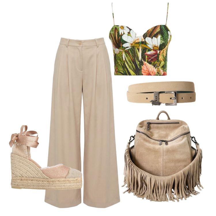 Outfit donna - Luglio. Stile Casual chic per Tutti i giorni. Abbinamento con top, espadrillas, pantaloni, cinture, zaini.