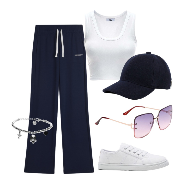 Outfit donna - Luglio. Stile Sporty chic per Tutti i giorni. Abbinamento con occhiali da sole, sneakers, canottiere, braccialetti, pantaloni, cappelli con visiera.