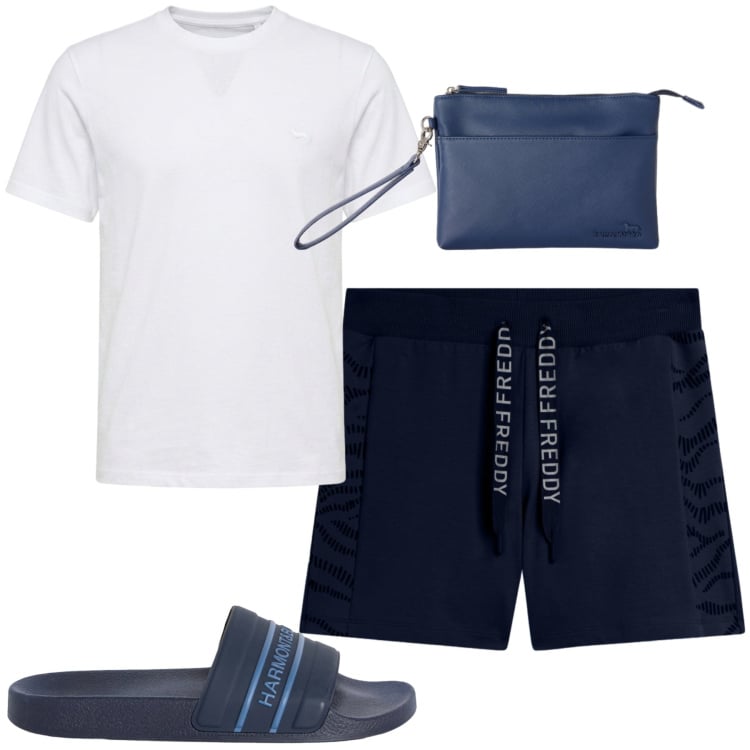 Outfit uomo - Total look #2442396. Stile Casual per Mare. Abbinamento con sandali, t-shirt, borse sportive, shorts.