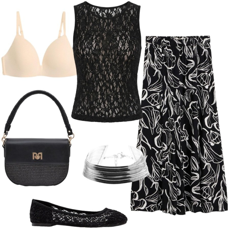 Outfit donna - Total look #2442399. Stile Casual chic per Serata fuori. Abbinamento con ballerine, gonne lunghe, reggiseni, top, braccialetti, borse a spalla.