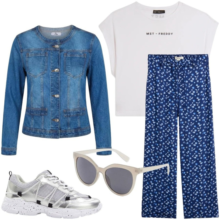 Outfit donna - Total look #2442405. Stile Casual chic per Tutti i giorni. Abbinamento con sneakers, occhiali da sole, pantaloni, blazer, t-shirt.