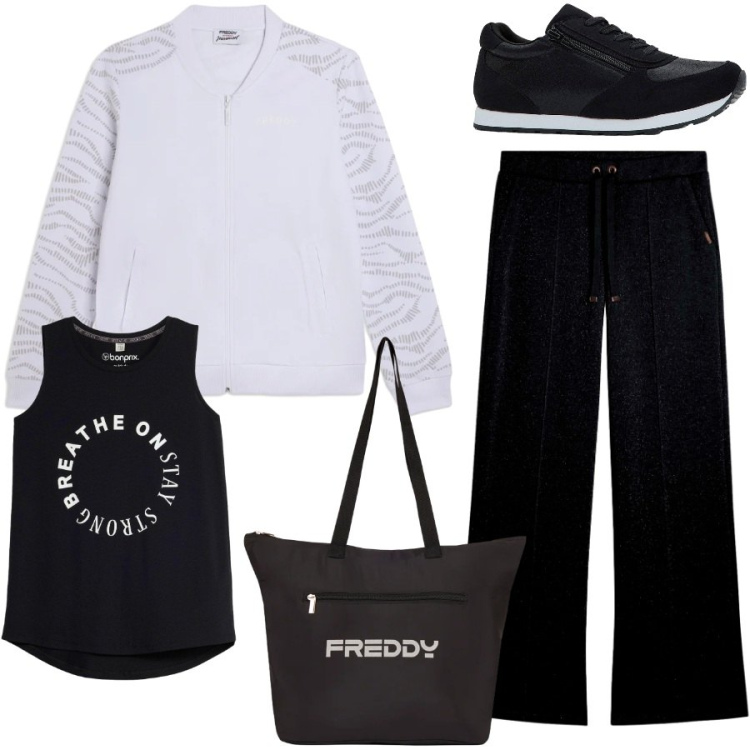 Outfit donna - Total look #2442423. Stile Sporty chic per Sport. Abbinamento con sneakers, top sportivi, pantaloni, shopping bag, bomber.