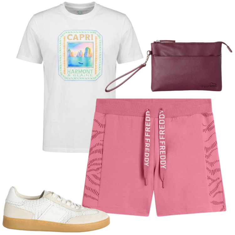 Outfit uomo - Mare. Stile Casual per Mare. Abbinamento con sneakers, t-shirt, borse sportive, shorts.