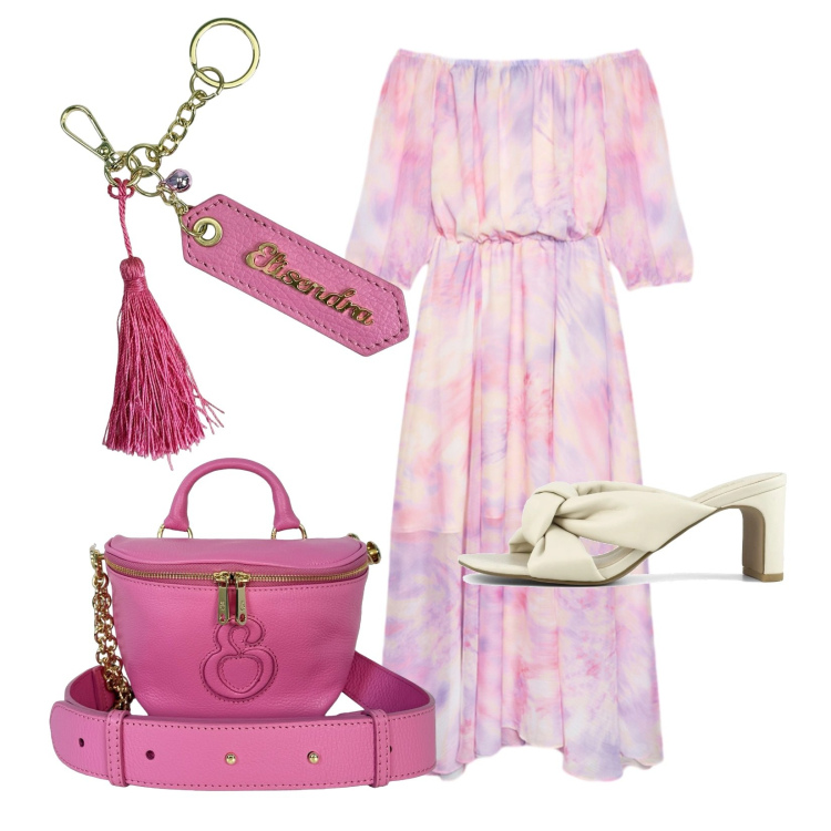 Outfit donna - Total look #2442465. Stile Romantica per Cerimonia. Abbinamento con portachiavi, borse a tracolla, vestiti lunghi, sandali col tacco.