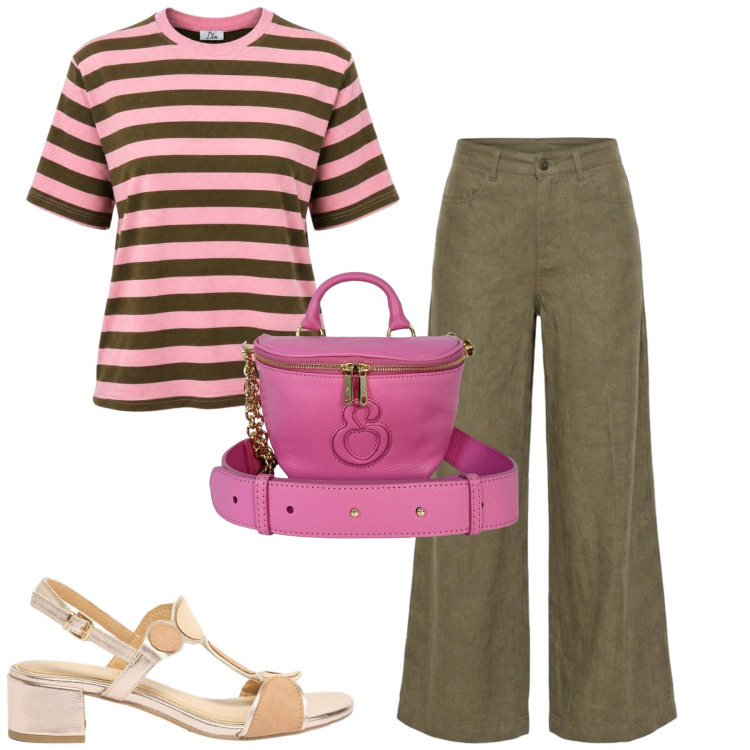 Outfit donna - Luglio. Stile Casual per Tutti i giorni. Abbinamento con sandali col tacco, pantaloni a palazzo, t-shirt, borse a tracolla.