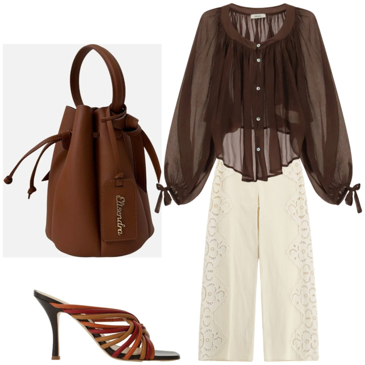 Outfit donna - Total look #2442467. Stile Trendy per Serata fuori. Abbinamento con borse a secchiello, pantaloni a palazzo, sandali, camicie.