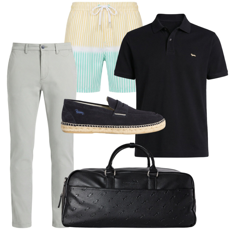 Outfit uomo - Pronto per il weekend. Stile Casual per Mare. Abbinamento con pantaloni chino, polo, espadrillas, costumi, borse sportive.