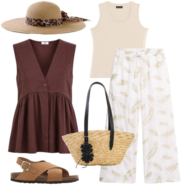 Outfit donna - Indispensabili in valigia. Stile Chic per Tutti i giorni. Abbinamento con pantaloni a palazzo, shopping bag, cappelli, sandali in pelle, gilet, canottiere.