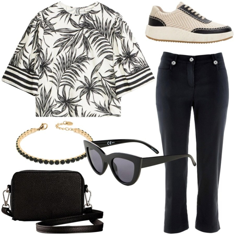 Outfit donna - Jungle Black and White e pantaloni capri. Stile Casual chic per Tutti i giorni. Abbinamento con pantaloni capri, camicie a manica corta, occhiali da sole, sneakers, borse a tracolla, braccialetti.