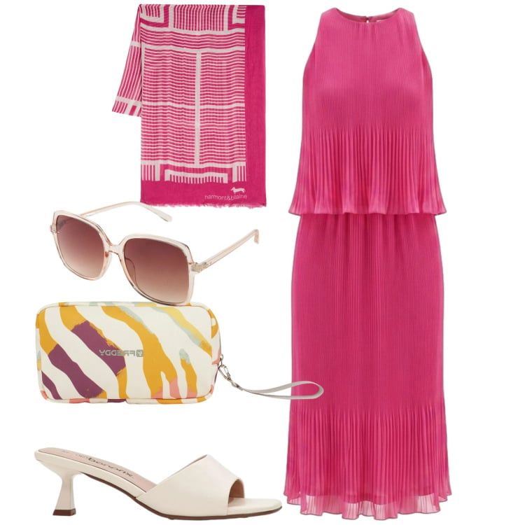Outfit donna - Chic. Stile Chic per Serata fuori. Abbinamento con sandali, occhiali da sole, sciarpe, valigie, vestiti midi/longuette.