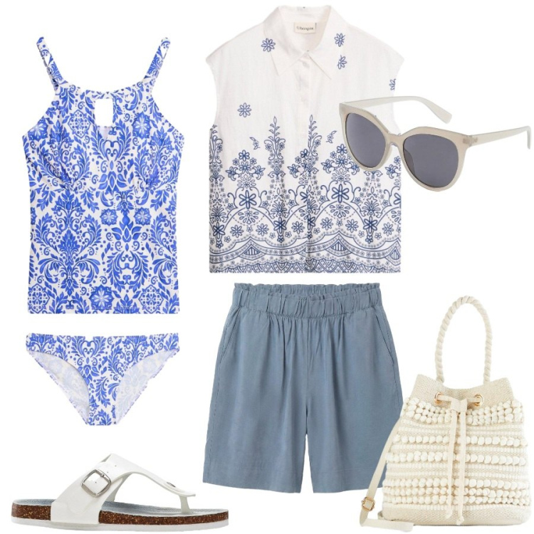 Outfit donna - Capri style. Stile Boho per Mare. Abbinamento con infradito, shorts, occhiali da sole, camicie a manica corta, borse a secchiello, bikini.