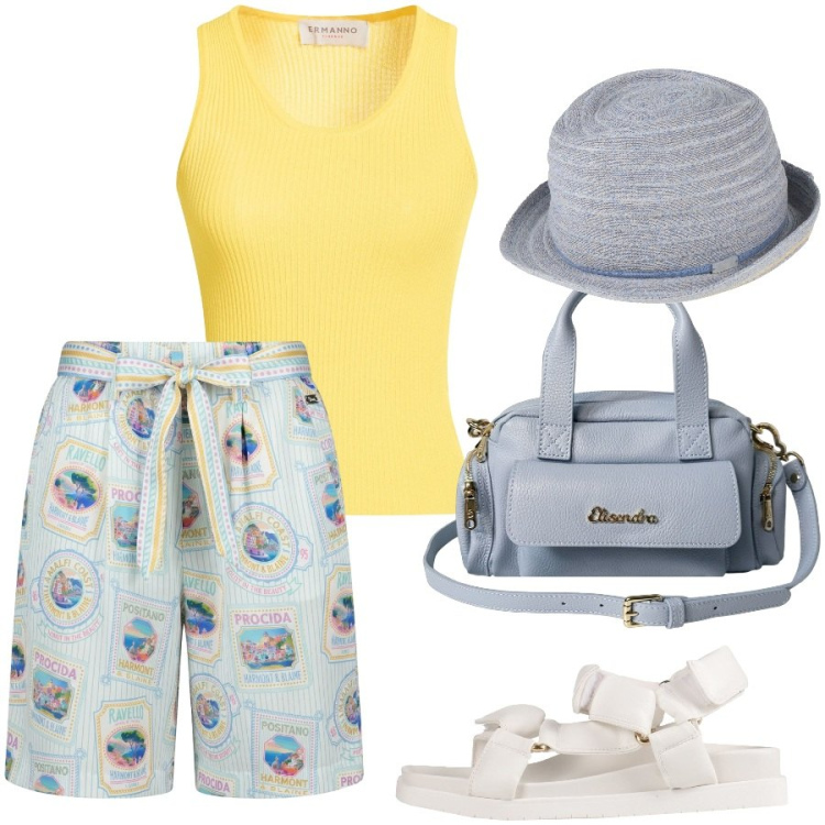 Outfit donna - I bermuda che fanno subito vacanza. Stile Casual chic per Tutti i giorni. Abbinamento con cappelli, top, sandali, bermuda, borse a mano.