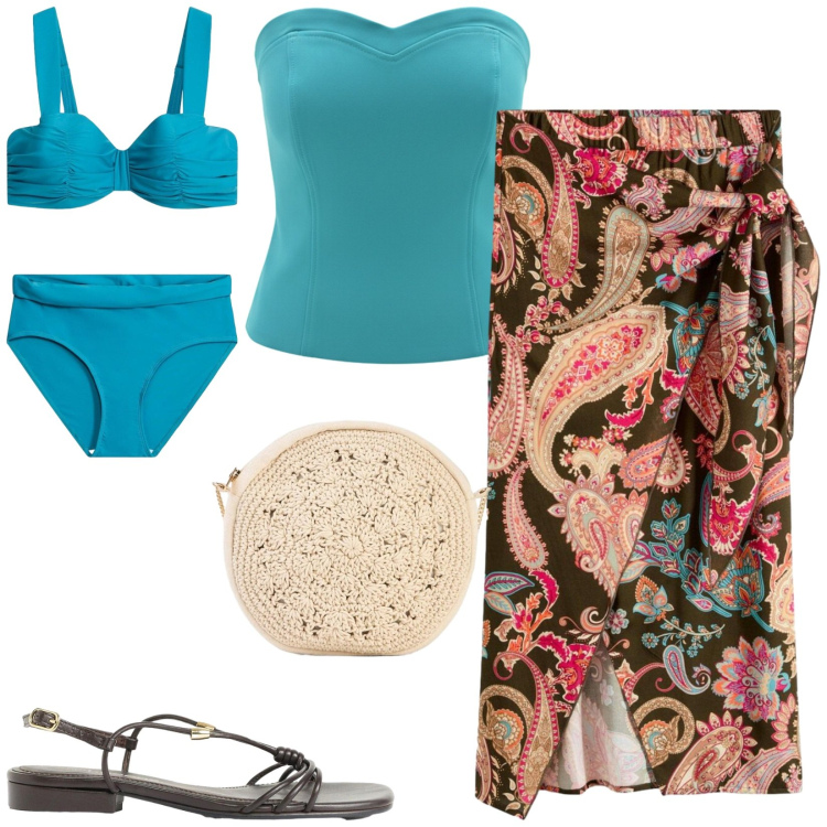 Outfit donna - Total look #2442483. Stile Etnico per Mare. Abbinamento con borse a tracolla, sandali, bikini, gonne longuette, top.