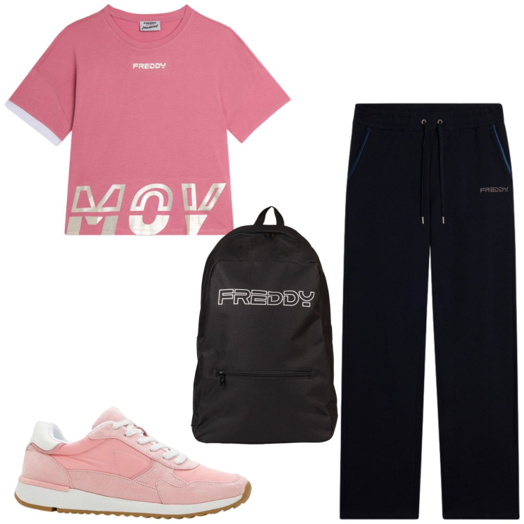 Outfit donna - Total look #2442485. Stile Casual per Sport. Abbinamento con sneakers, pantaloni, t-shirt, zaini.