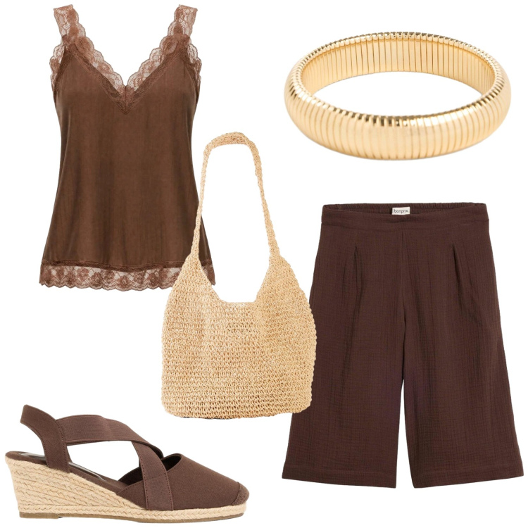 Outfit donna - Total look #2442487. Stile Chic per Tutti i giorni. Abbinamento con bermuda, shopping bag, braccialetti, zeppe, canottiere.