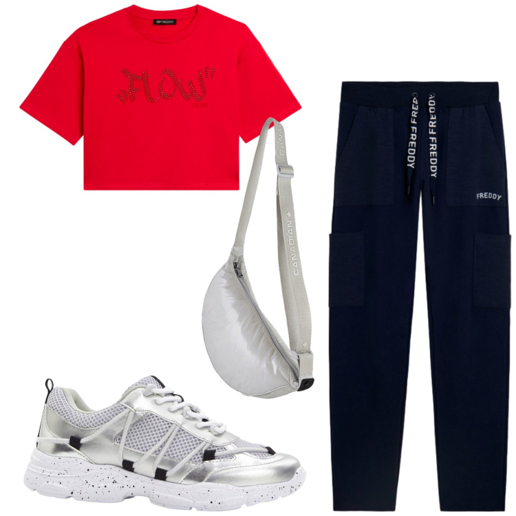 Outfit donna - Total look #2442490. Stile Casual per Sport. Abbinamento con sneakers, borse a tracolla, t-shirt, pantaloni.