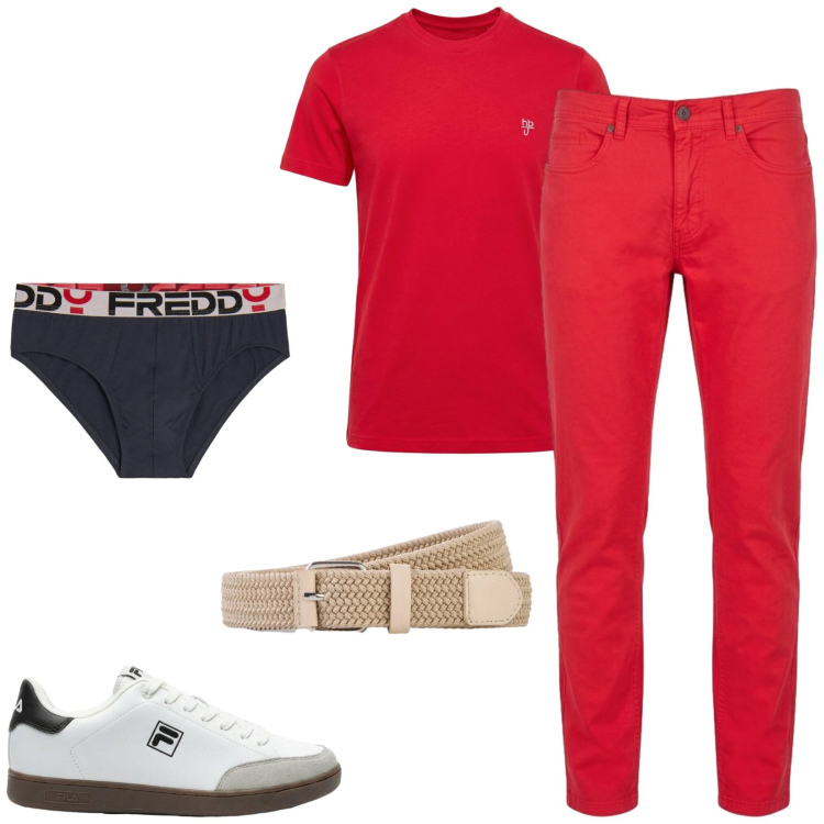 Outfit uomo - Total look #2442508. Stile Trendy per Tutti i giorni. Abbinamento con sneakers, cinture, pantaloni, t-shirt, slip.
