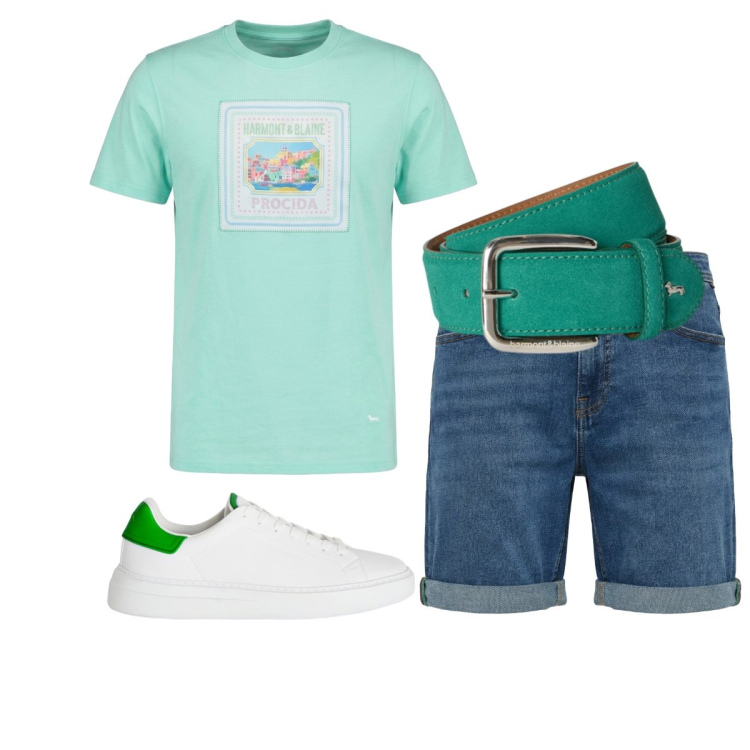 Outfit uomo - Cool & easy. Stile Trendy per Tutti i giorni. Abbinamento con bermuda, t-shirt, sneakers, cinture.