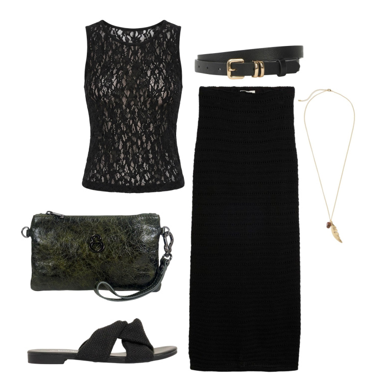 Outfit donna - Luglio. Stile Trendy per Serata fuori. Abbinamento con gonne lunghe, cinture, sandali, collane, top, pochette.
