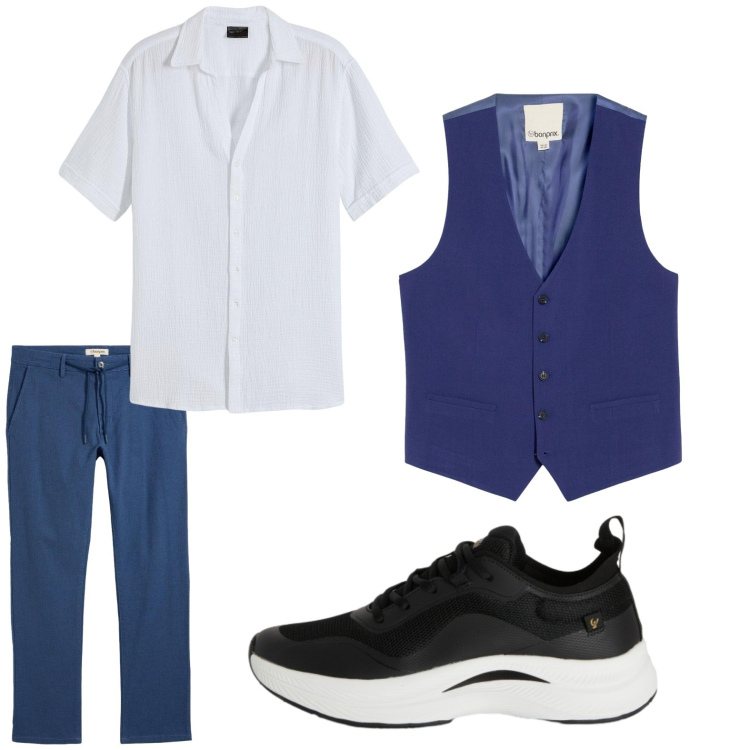 Outfit uomo - Total look #2442525. Stile Trendy per Ufficio. Abbinamento con camicie a manica corta, gilet, pantaloni chino, sneakers.
