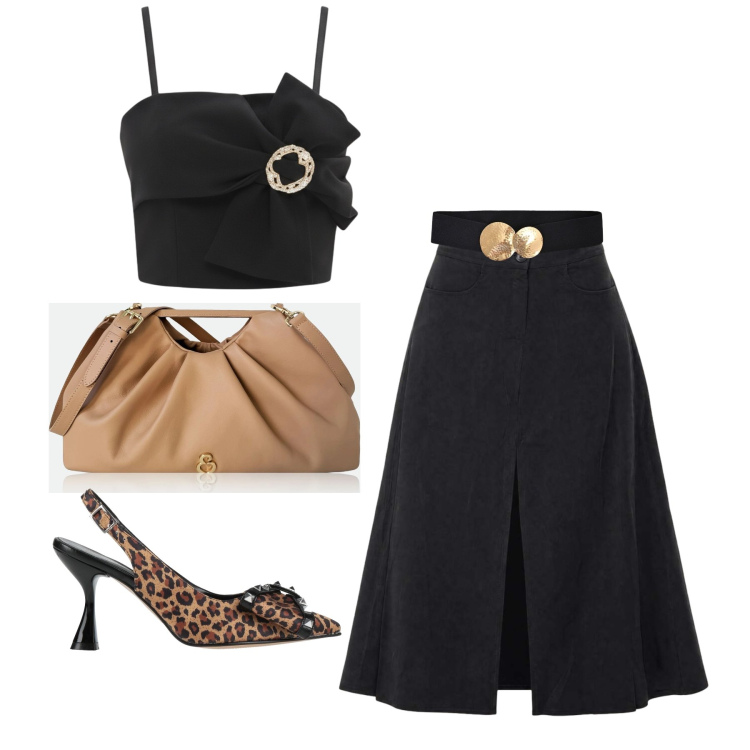 Outfit donna - Luglio. Stile Glamour per Serata fuori. Abbinamento con décolleté, gonne lunghe, clutch, top, cinture.