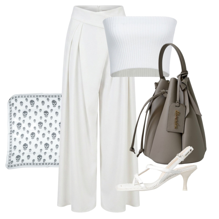 Outfit donna - Luglio. Stile Glamour per Tutti i giorni. Abbinamento con infradito, sciarpe, top, borse a secchiello, pantaloni a palazzo.