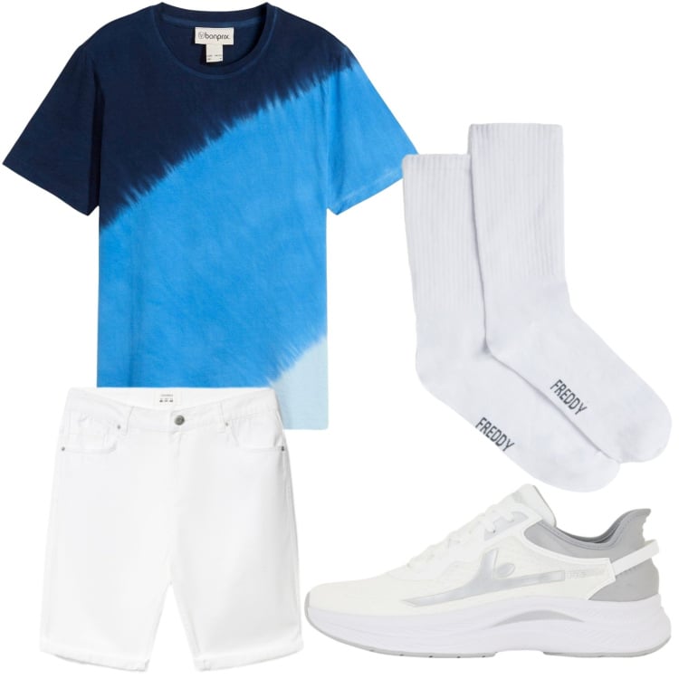 Outfit uomo - Total look #2442533. Stile Trendy per Sport. Abbinamento con t-shirt, bermuda, calzini, sneakers.
