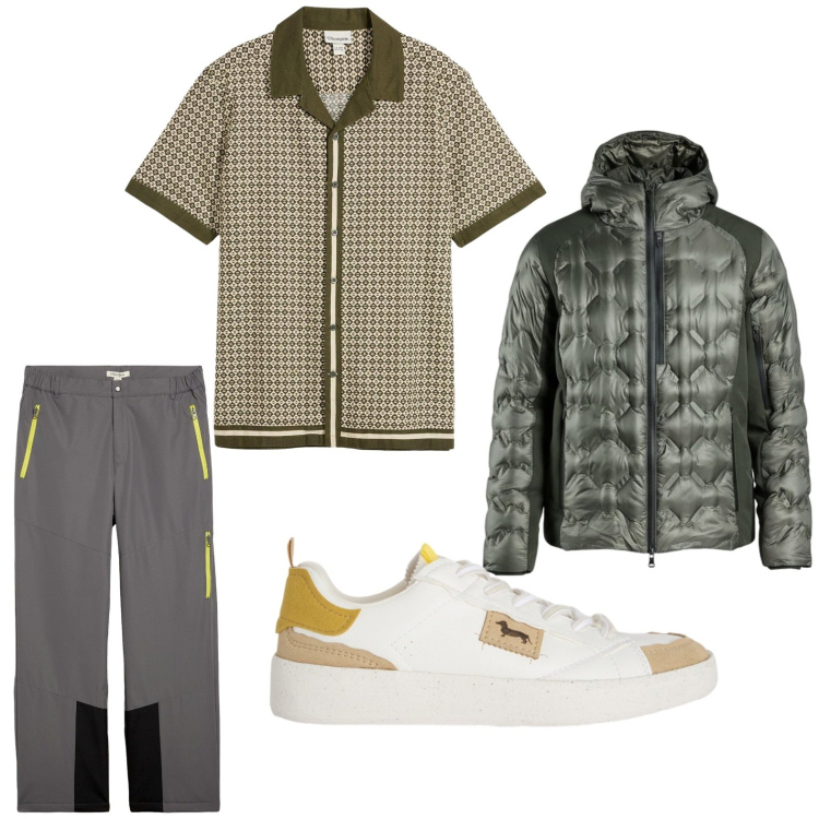 Outfit uomo - Total look #2442535. Stile Trendy per Ufficio. Abbinamento con camicie a manica corta, pantaloni, sneakers, piumini.