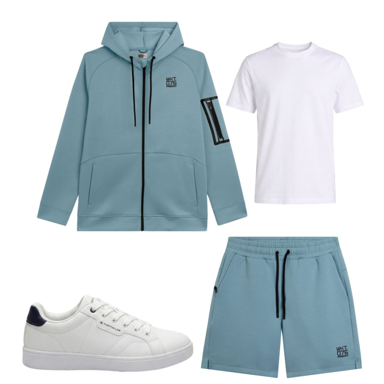 Outfit uomo - passeggiata in città. Stile Urban per Tutti i giorni. Abbinamento con sneakers, t-shirt, felpe con cappuccio, pantaloni corti.
