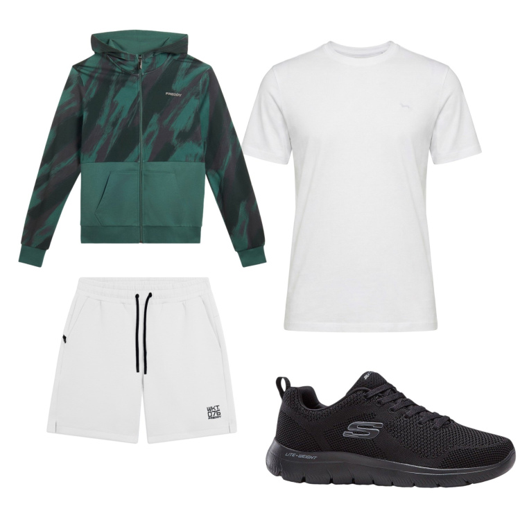 Outfit uomo - Una corsetta di mattina. Stile Casual per Sport. Abbinamento con sneakers, t-shirt, felpe con cappuccio, pantaloni corti.