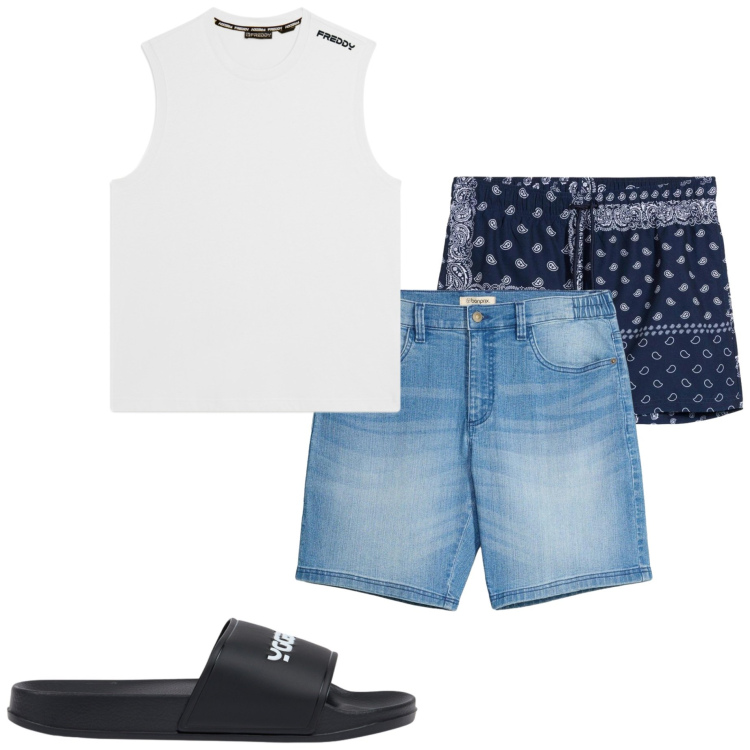 Outfit uomo - Al mare. Stile Casual per Mare. Abbinamento con shorts, costumi, canottiere, sandali.