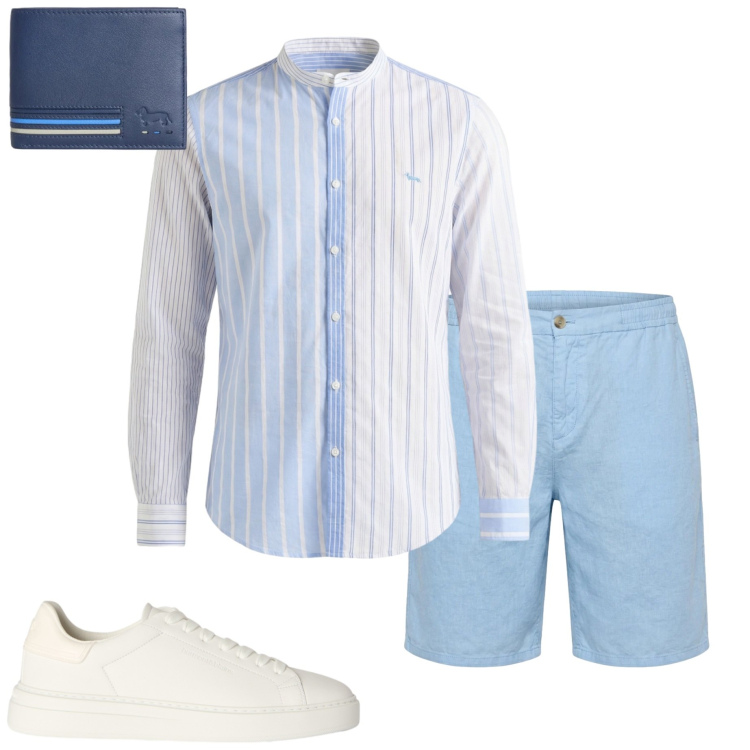 Outfit uomo - Aperitivo al mare. Stile Trendy per Serata speciale. Abbinamento con portafogli, bermuda, camicie, sneakers.