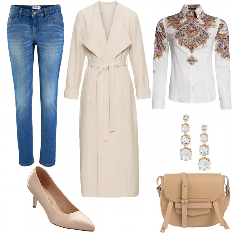 Outfit donna - Trendy #5761. Stile Trendy per Tutti i giorni. Abbinamento con jeans skinny, cappotto con spacco collo con revers, décolleté, orecchini, borsa a tracolla mini interno foderato tinta unita, camicetta con stampa aderente bianco.