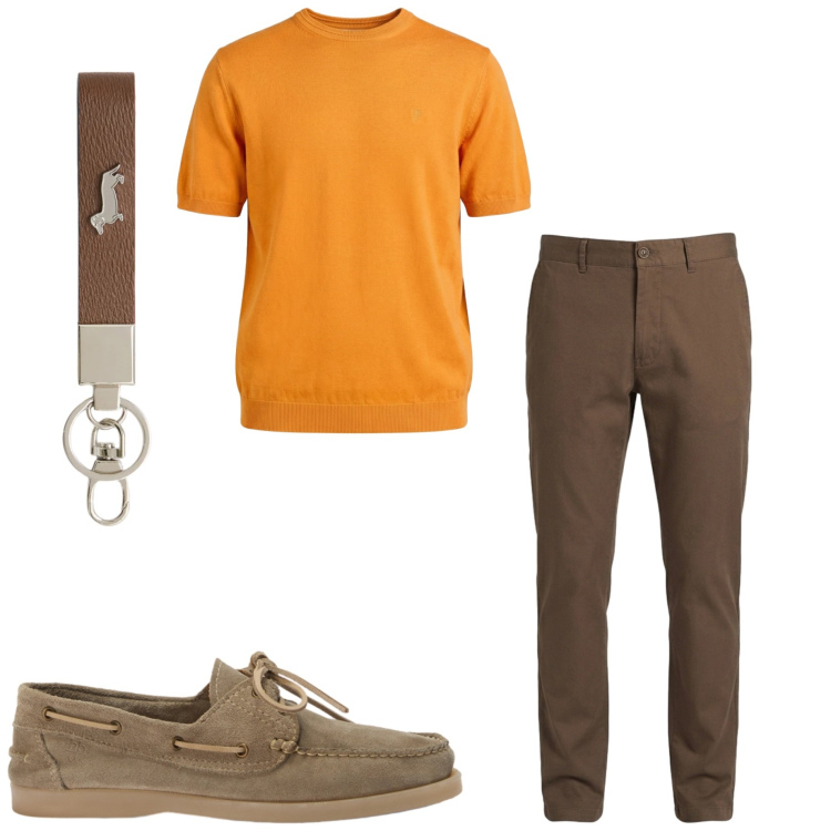 Outfit uomo - Colori d\'estate. Stile Casual per Ufficio. Abbinamento con portachiavi, pantaloni, scarpe stringate, t-shirt.