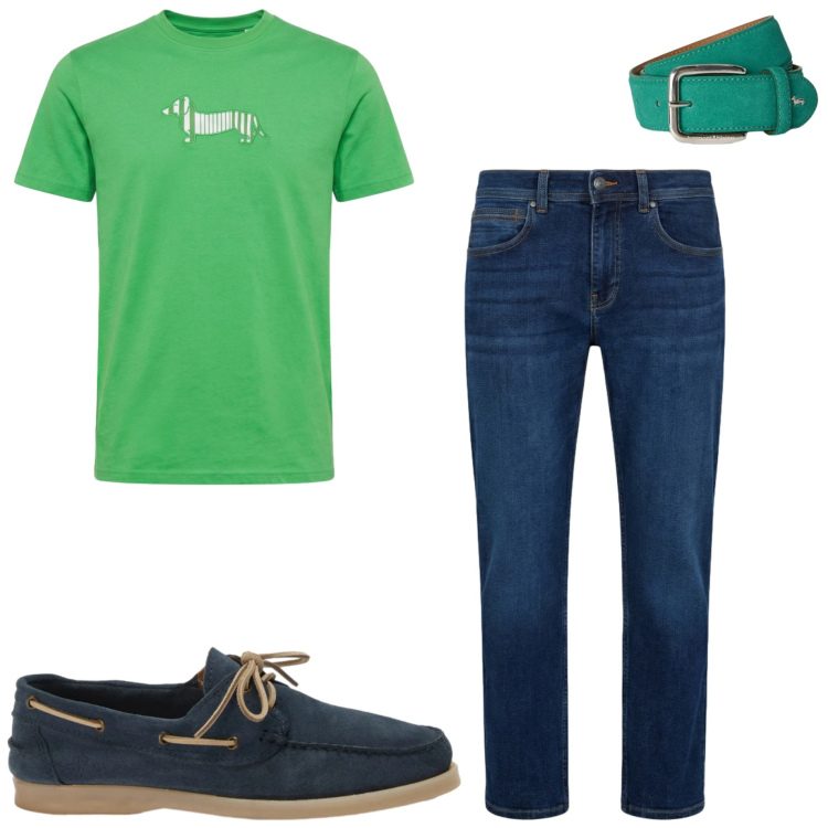 Outfit uomo - Urban estivo. Stile Urban per Tutti i giorni. Abbinamento con t-shirt, scarpe stringate, jeans dritti, cinture.