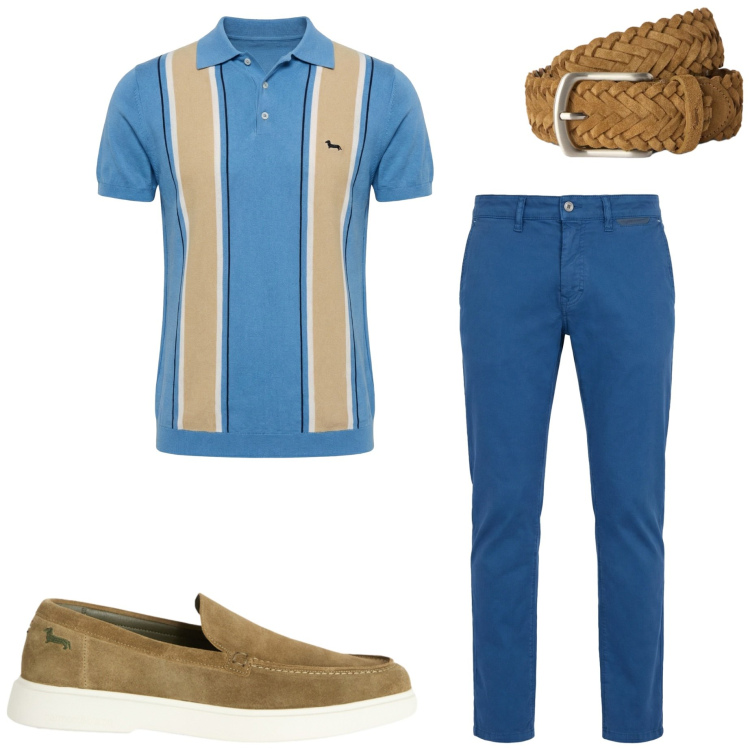 Outfit uomo - Look estivo. Stile Casual per Ufficio. Abbinamento con pantaloni, scarpe stringate, polo, cinture.