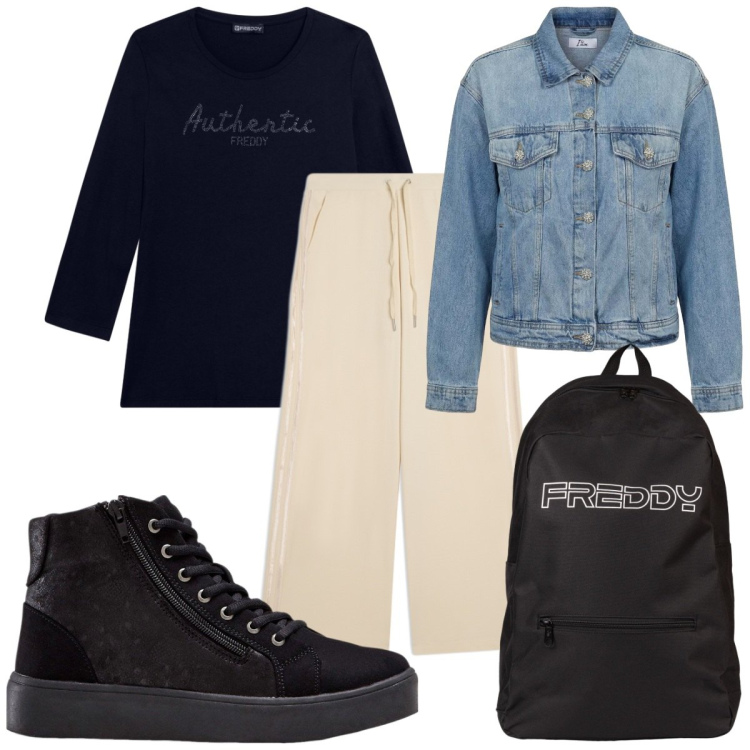 Outfit donna - Total look #2442563. Stile Basic per Tutti i giorni. Abbinamento con sneakers alte, cappotti, zaini, pantaloni, t-shirt.
