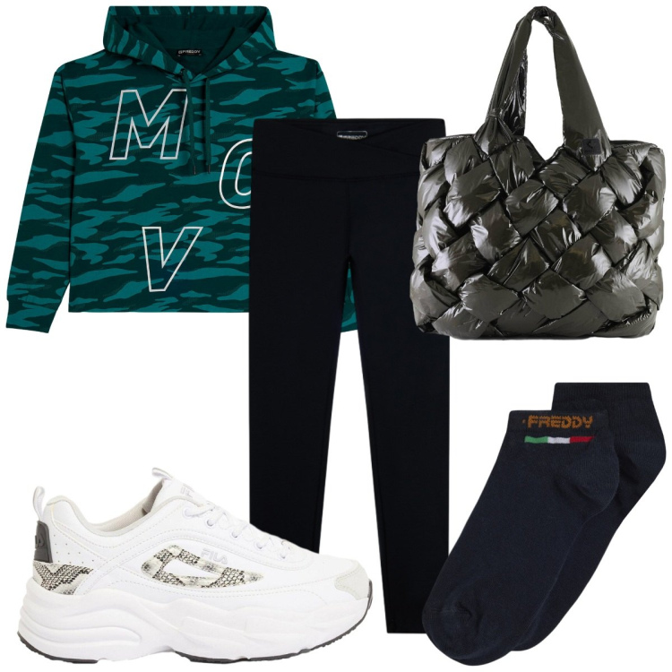 Outfit donna - Total look #2442564. Stile Basic per Sport. Abbinamento con sneakers, borse tote, felpe con cappuccio, leggings, calzini.