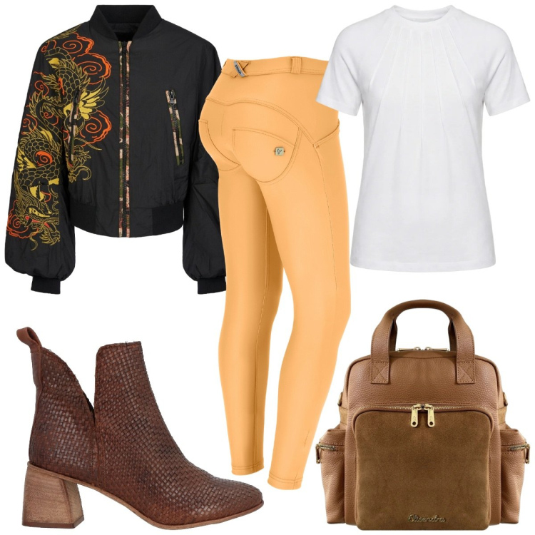 Outfit donna - Total look #2442567. Stile Trendy per Tutti i giorni. Abbinamento con stivaletti, t-shirt, zaini, pantaloni skinny, bomber.