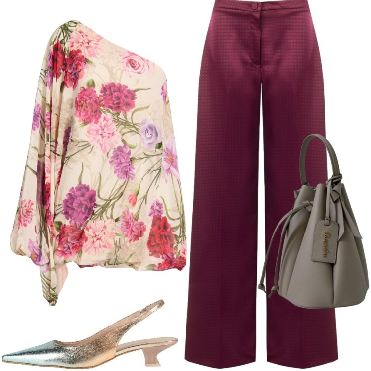 Outfit donna - Serata fuori. Stile Chic per Serata fuori. Abbinamento con décolleté, top, borse a secchiello, pantaloni a palazzo.