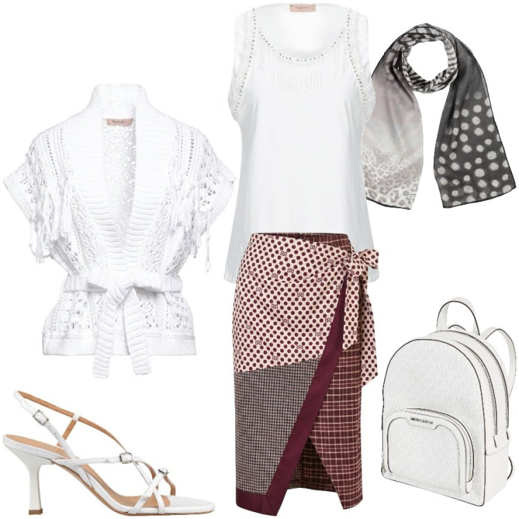 Outfit donna - La gonna a portafoglio must-have. Stile Trendy per Tutti i giorni. Abbinamento con top, cardigans, zaini, sandali in pelle, sciarpe, gonne longuette.