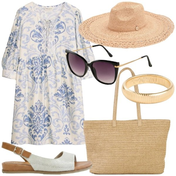 Outfit donna - Valigia per le vacanze. Stile Casual chic per Tutti i giorni. Abbinamento con vestiti corti, shopping bag, sandali, braccialetti, occhiali da sole, cappelli.