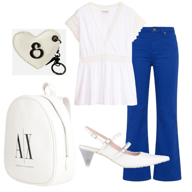 Outfit donna - Total look #2442574. Stile Casual chic per Tutti i giorni. Abbinamento con zaini, décolleté, t-shirt, pantaloni, portachiavi.