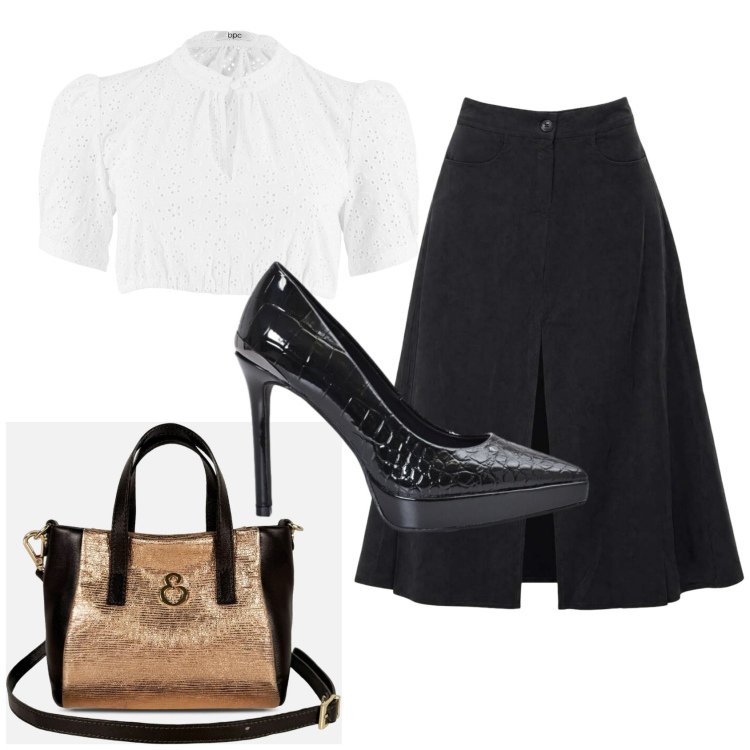 Outfit donna - Total look #2442576. Stile Bon Ton per Ufficio. Abbinamento con top, gonne lunghe, borse a mano, décolleté.