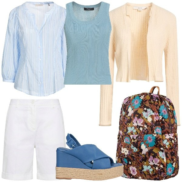 Outfit donna - Pronta per le vacanze. Stile Casual chic per Tutti i giorni. Abbinamento con valigie, cardigans, espadrillas, top, camicie, bermuda.